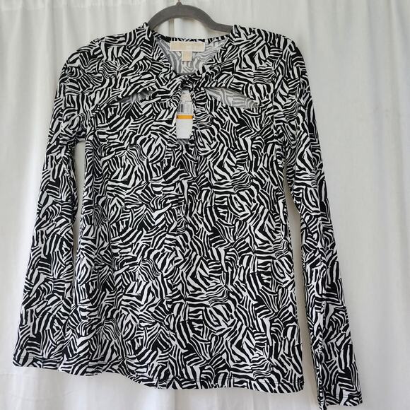Michael Kors slinky Top stretch long sleeve white black zebra size S NWT cut out - Picture 3 of 8